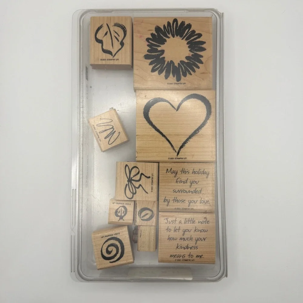 Stampin Up‎ Sketch It 2001 Wood Rubber Stamp Set Heart Floral Sentiments 11pc